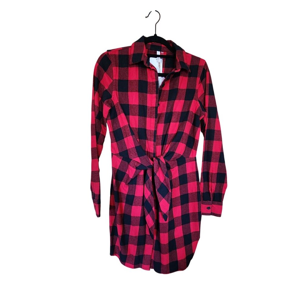 Red & Black Plaid Button-Up Shirt Dress With Waist Tie - Elan small